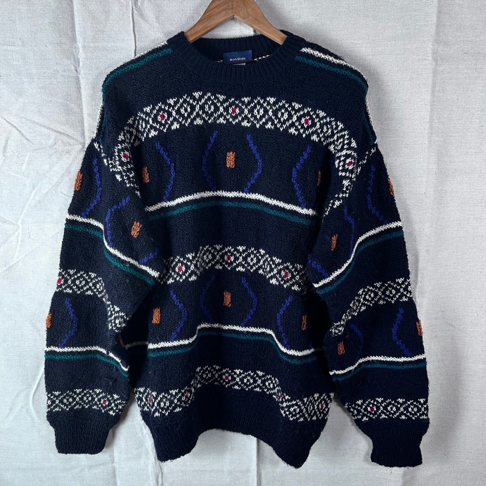 VNT Mark Shale Mens Virgin Wool Fair Isle Crewneck Sweater Navy Blue Geometric L
